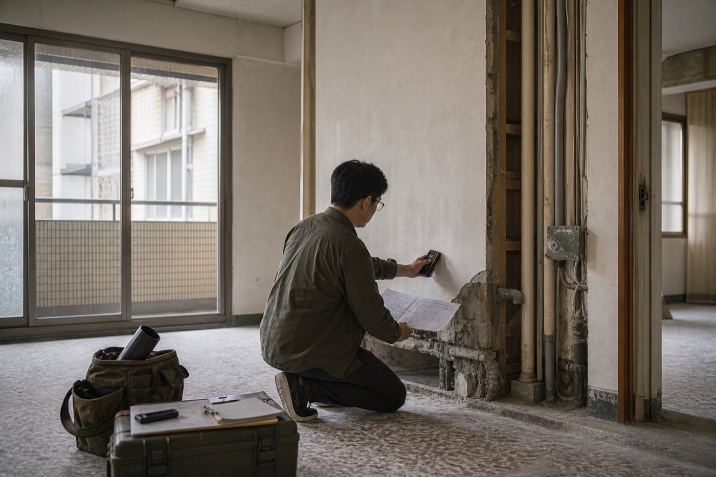 老屋翻新現場探勘檢查牆面管線與屋況